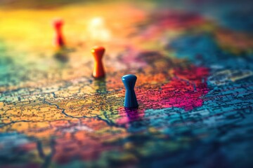 Fototapete - Bright colorful travel map showcasing vibrant pins marking exciting destinations for modern explorers