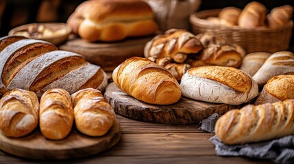 Poster - Rustic wooden table filled with freshly baked golden-brown bread and pastries under warm ambient lighting