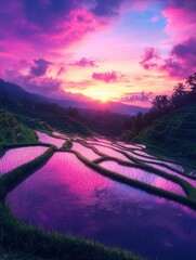 Aufkleber - Surreal sunset over endless rice terraces with vibrant pink and purple skies reflecting in tranquil waters