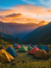 Leinwandbilder - Vibrant camping site with colorful tents in front of majestic mountains at sunrise