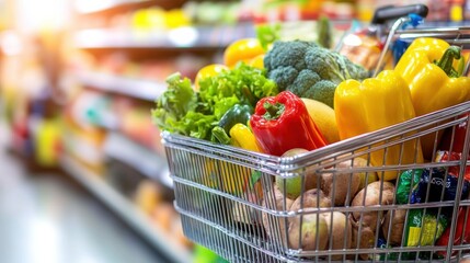 Poster - Shopping cart filled with vibrant fresh produce in a bustling supermarket aisle while sunlight streams in through the entrance