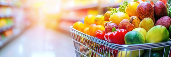 Poster - Colorful produce fills shopping cart in vibrant supermarket atmosphere with organic groceries and fresh items