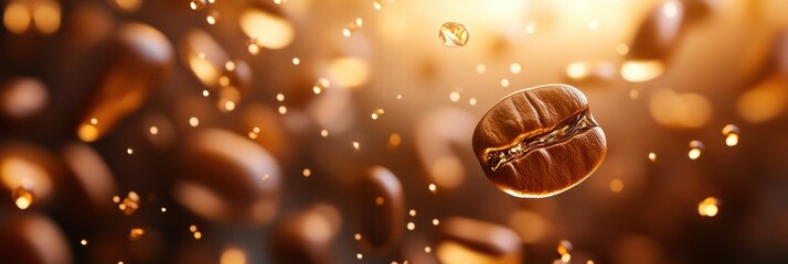 Poster - Coffee beans transformed into golden droplets create a luxurious abstract background with soft glowing light