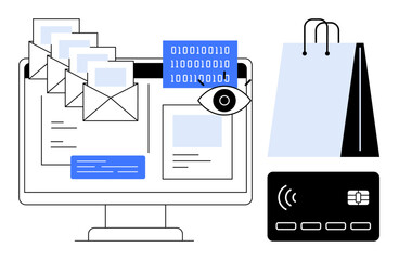 desktop with emails, binary code, monitoring eye, shopping bag, and payment card. ideal for online b