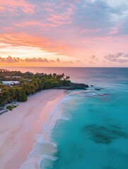 Poster - Vibrant tropical beach with turquoise waters and stunning sunset colors reflecting over golden sand and palm trees swaying gently in the breeze