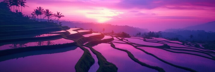 Poster - Surreal sunset over endless rice terraces with vibrant pink and purple skies reflecting in tranquil water