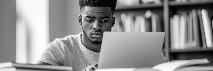 Fototapete - Student studying online course materials on a laptop surrounded by books and notes in a focused learning environment