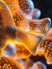 Poster - Exploration of adeno-associated virus capsid proteins under electron microscope with intricate details and immersive lighting in cellular fluid