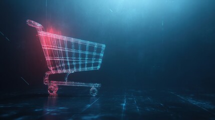 Aufkleber - Minimalistic design showcases a glowing shopping cart icon over a deep blue gradient background, emphasizing futuristic e-commerce concepts and technology