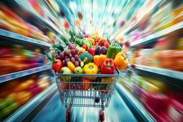 Poster - Shopping cart filled with vibrant fresh produce and organic items in a lively supermarket setting