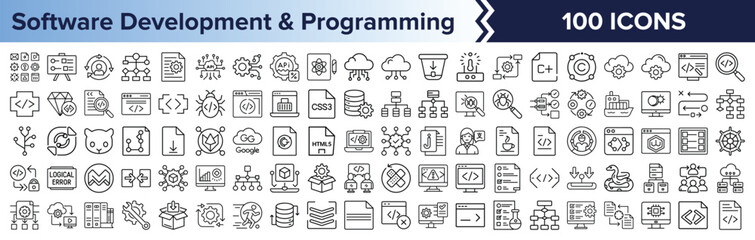 100 line icons for software development and coding, a detailed collection of 100 icons focused on so