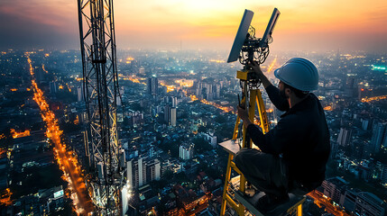 Wall Mural - a 5g infrastructure expert installing antennas, urban cityscape with 5g towers and equipment in the 