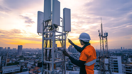 Wall Mural - a 5g infrastructure technician installing antennas, urban rooftop with 5g base stations and antennas