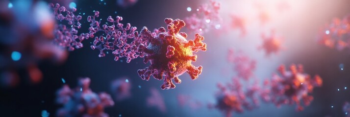 Leinwandbilder - Stunning 3D rendering of AAV virus particle showcasing intricate protein structure and bioluminescent glow in microscopic fluid