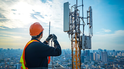 Wall Mural - a 5g network engineer installing new towers, open cityscape with telecommunications towers and equip