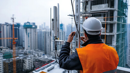 Wall Mural - a 5g technician installing antennas, urban setting with 5g antennas and equipment in the background,