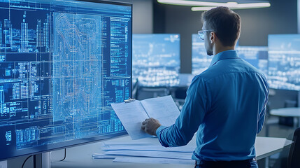 Wall Mural - a 5g technology architect designing network infrastructure, high-tech office with digital blueprints