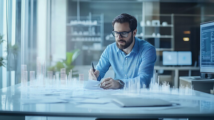 Wall Mural - a 5g technology architect designing network infrastructure, high-tech office with digital blueprints