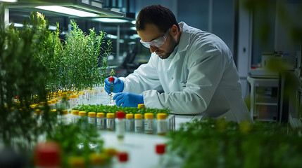 Wall Mural - a bioengineer researching genetically modified crops for climate resilience, lab with crop samples, 