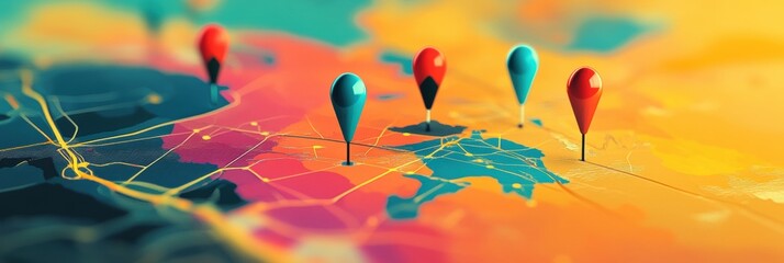 Leinwandbilder - Explore vibrant travel destinations on a colorful map with bright pins marking exciting places for adventure and exploration during your journey