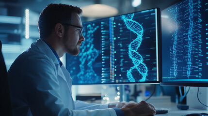 Wall Mural - a bioinformatician creating ai algorithms for cancer genomics research, office with dna sequences, m