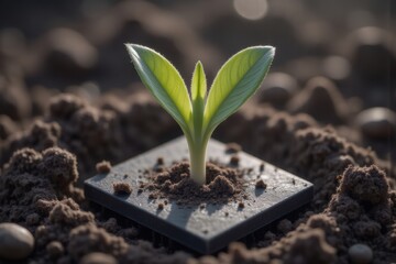 Wall Mural - Young Sprout Growing on Square Tile in Soil: Symbol of Growth, Sustainability, and Environmental Awareness