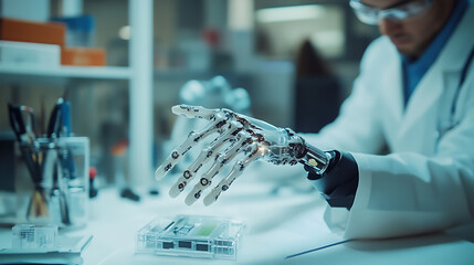 Wall Mural - a biomedical engineer designing prosthetic hands with advanced sensors, laboratory with prosthetic m