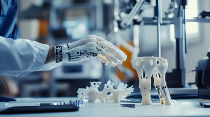Wall Mural - a biomedical engineer designing prosthetic limbs with 3d printing, lab with 3d printers and prosthet