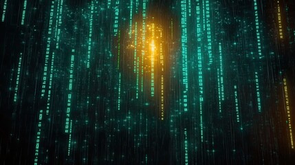 Digital data streams cascading downwards with glowing light emanating from the center