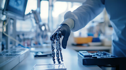 Wall Mural - a biomedical engineer testing a prosthetic limb, modern medical lab with prosthetic limbs and equipm