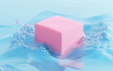 Wall Mural - a pink cube floats in a swirling ocean with splashing waves