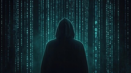 Silhouette of hooded person framed by digital information streams