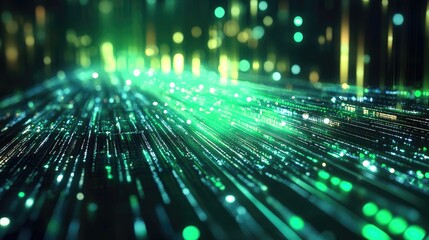 Glowing abstract digital lines forming an artistic green and blue image