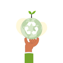 Aufkleber - Hand holding Earth globe with plant and recycle symbol. Earth Day, World Environment Day. Recycle concept. Sustainable ecology and environment conservation concept design. Vector illustration.