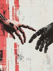 Poster - Human hand touches robotic hand in a modern collage depicting the struggle between humanity and artificial intelligence