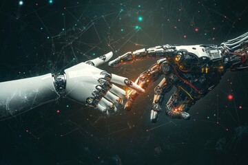 Poster - Modern collage symbolizing the struggle between human and artificial intelligence through the touch of a human and robotic hand