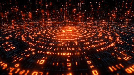 Glowing orange binary code moving through a dark digital space