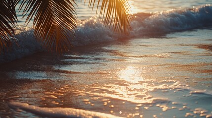 Wall Mural - tranquil sunset waves gently caress golden sandy shore, palm fronds silhouetted against warm, glowin