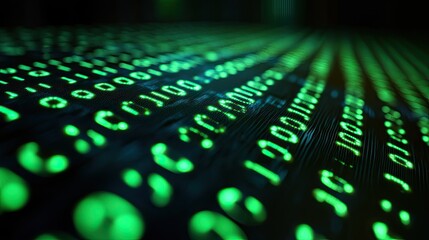 Illuminated digital binary code flowing across a dark surface