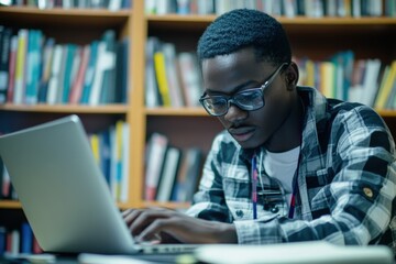 Poster - Student focuses on online course materials with books and notes in a clean study environment during a late night study session