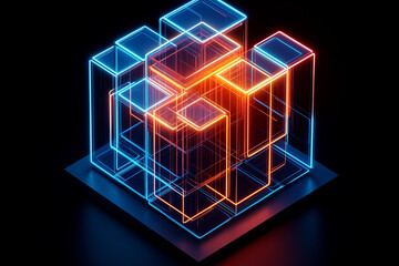 Aufkleber - Complex neon cube structure glowing on dark background