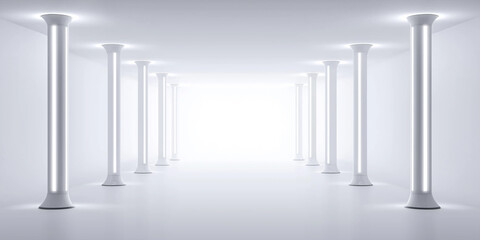 Poster - Bright white room with illuminated columns creating perspective