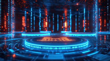 Digital Futuristic Render Depicting Data Streaming and Binary Code Information