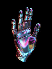 Poster - Metallic robotic hand showing four fingers on black background