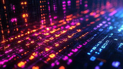 Futuristic digital abstract data visualization with glowing binary information