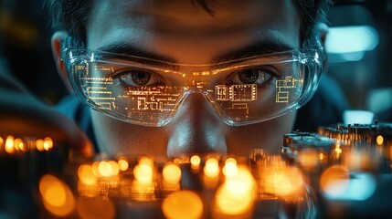 intense gaze of a technician analyzing circuit patterns reflected in protective eyewear focused on an advanced technological device