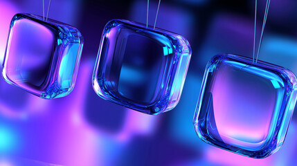 Poster - Three empty glass cubes hanging on strings with neon lights reflecting on their surface