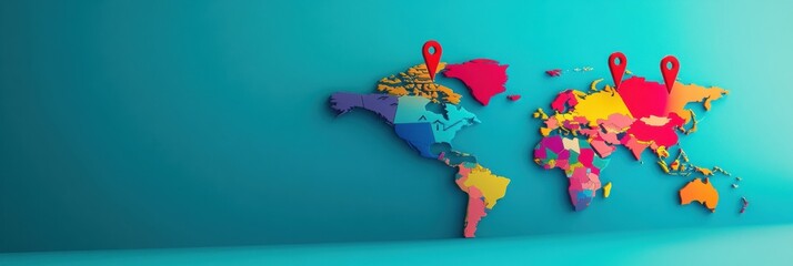 Aufkleber - Colorful travel map displaying destinations marked with bright pins in a modern digital aesthetic