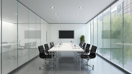 Poster - Modern conference room with large table and black chairs facing tv screen