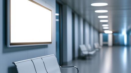 Poster - Empty white billboard in an airport or subway station with seats, showing advertising space